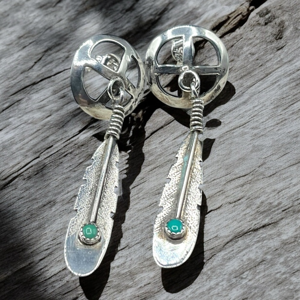 🌺 Vintage Navajo Sterling Feather Earrings with Turquoise
